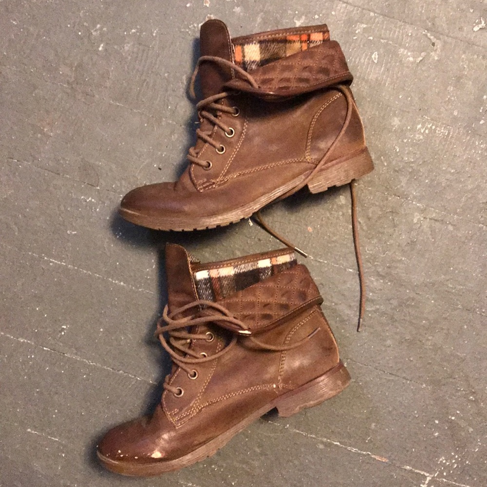 Brown and plaid fold over boots